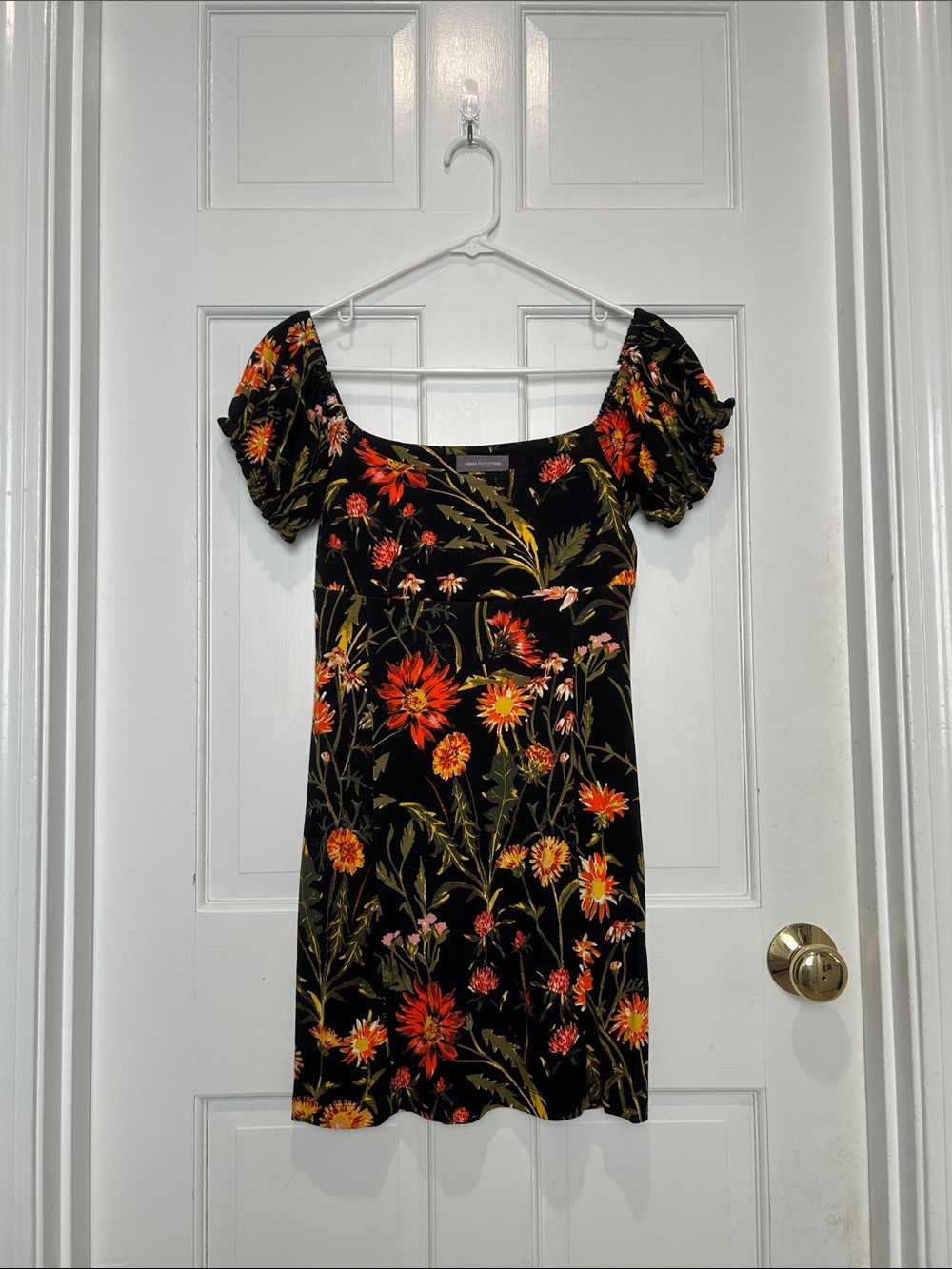 Floral Puff-Sleeve Urban Outfitters Black Dress with Orange Flower Print